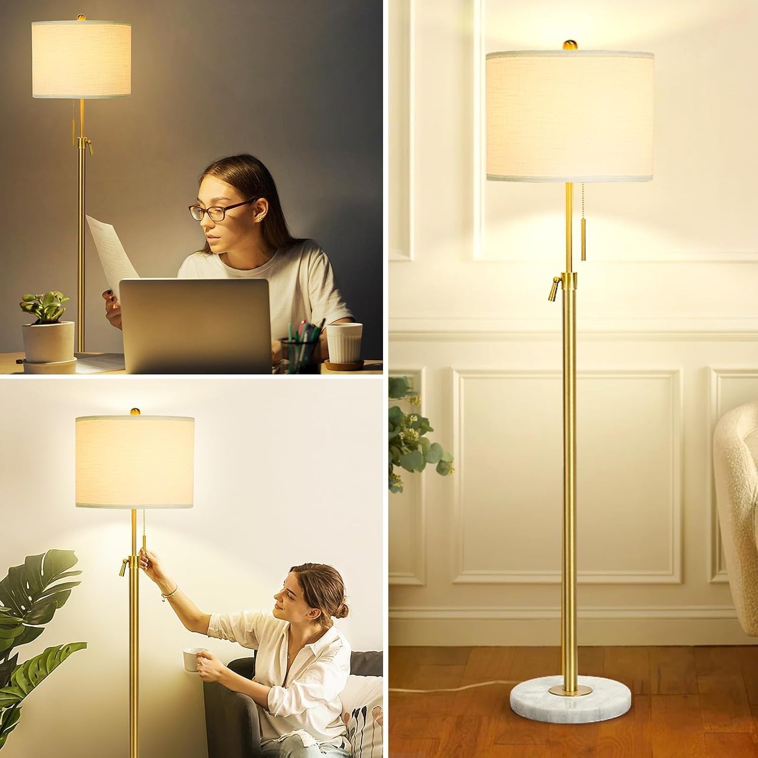 Modern Gold Floor Lamp with Lampshade 3 Colour Lighting Living Room