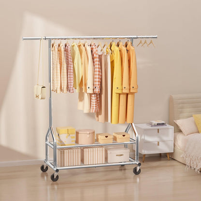 Clothes Rail Garment Rack Heavy Duty Metal Silver with Wheels 3 Storage Shelves
