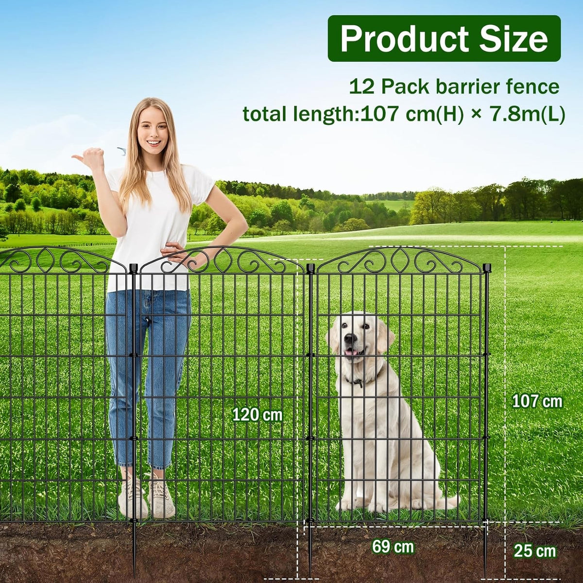 Garden Fence Panels Metal Decorative 10 Pack 61cm High 3.25m Long No Dig Black