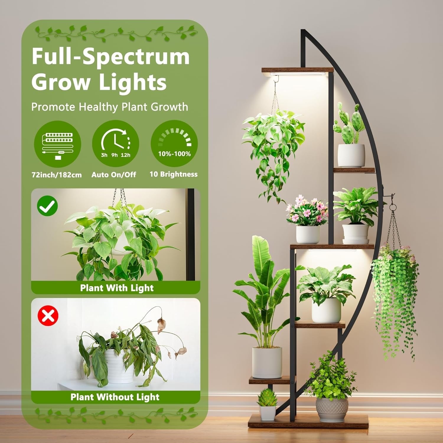 BACEKOLL Plant Stand Indoor with Grow Lights, 6 Tiered Tall Plant Shelf, Metal P