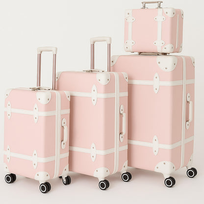 Urecity Vintage Leather-Trimmed Zipper Luggage 4 pcs 14" 20" 24" 28" Pink Roller