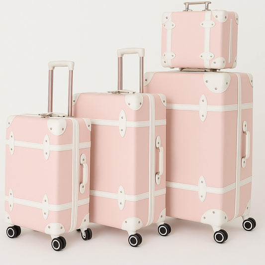 Urecity Vintage Leather-Trimmed Zipper Luggage 4 pcs 14" 20" 24" 28" Pink Roller