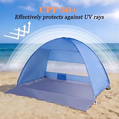 Pop Up Beach Tent 3-4 Person UPF 50+ Waterproof Portable Sun Shelter Large Blue