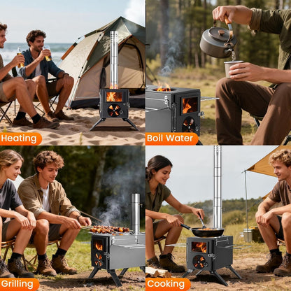 Wood Burning Stove Portable Tent Camping Mini Alloy Steel Chimney Cooking Black