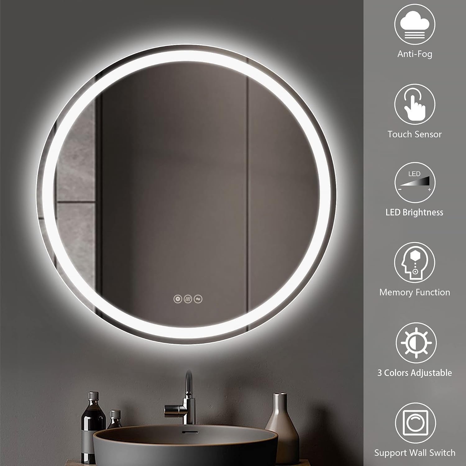 Round LED Bathroom Mirror 500mm Backlit Demister 3 Colour Dimmable Touch IP44