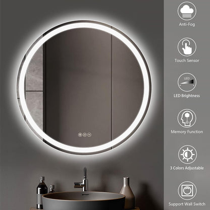 Round LED Bathroom Mirror 500mm Backlit Demister 3 Colour Dimmable Touch IP44
