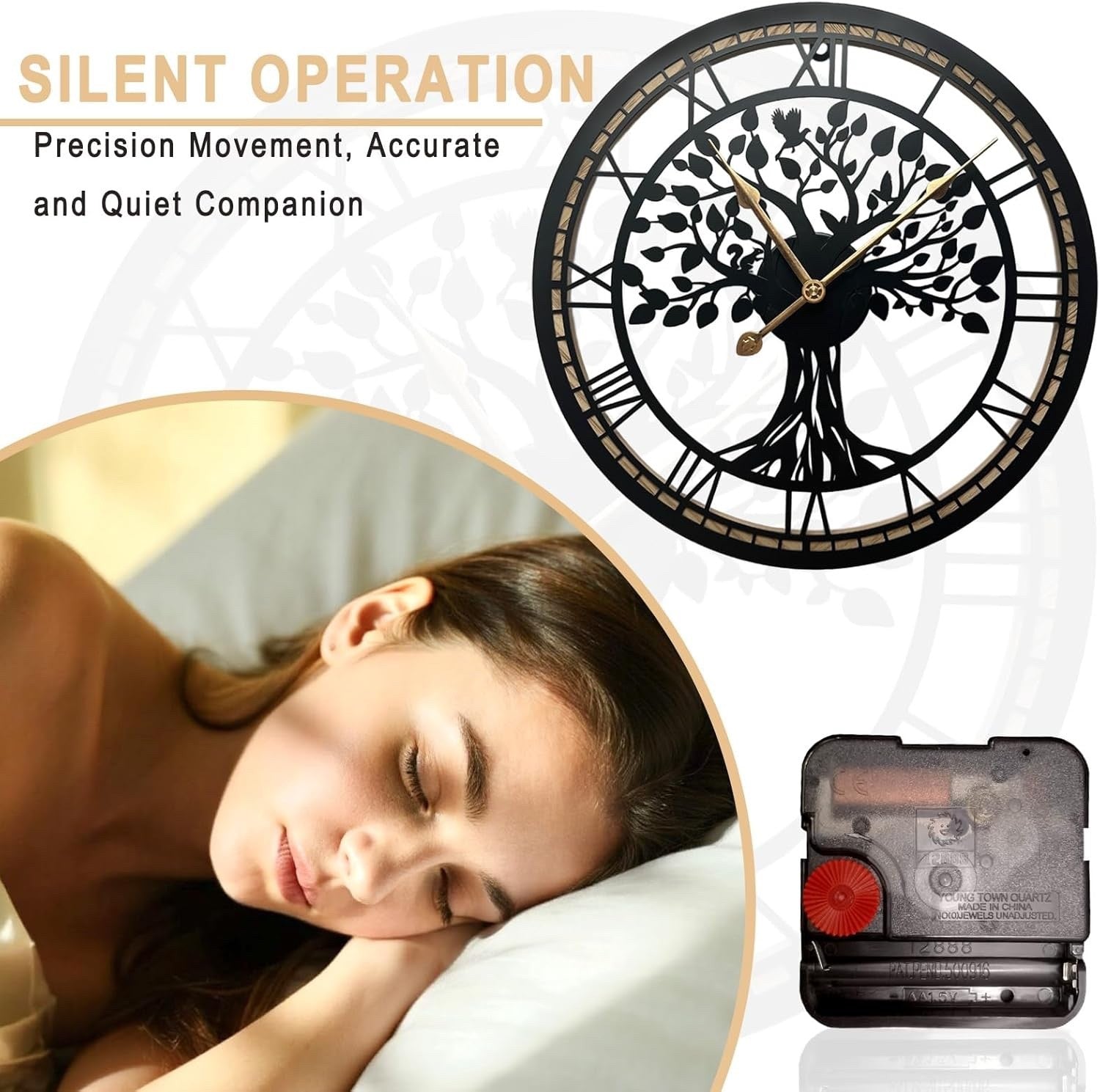 Large Tree of Life Wall Clock 24in – Silent Modern Metal Decor for Living Room