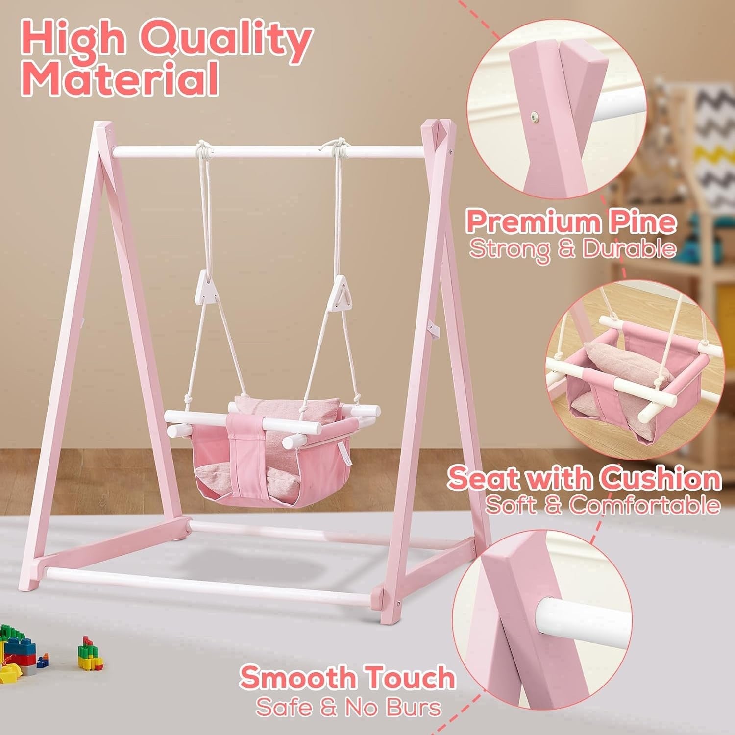 FUNLIO Wooden Toddler Swing Set Foldable Indoor Outdoor Baby 6-36M Pink Backyard