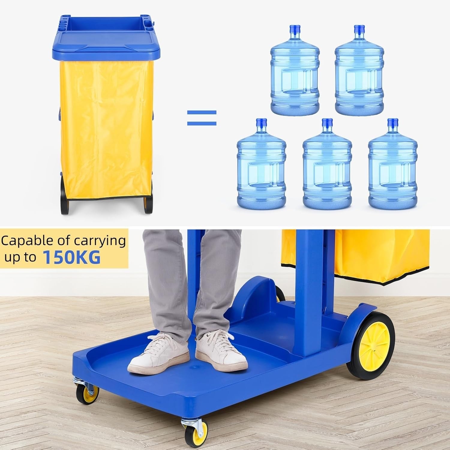 Heavy Duty Janitorial Cleaning Trolley Cart 3 Tier with Vinyl Bag Wheels Blue