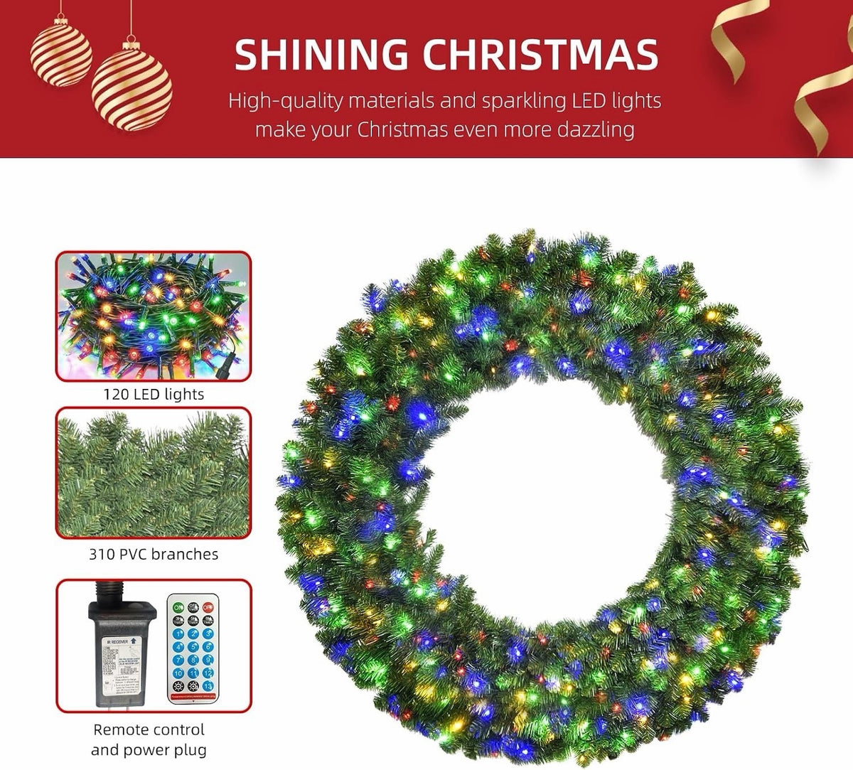 Christmas Wreath Pre Lit LED 36 Inch 120 Multicolour Lights Outdoor Door Timer