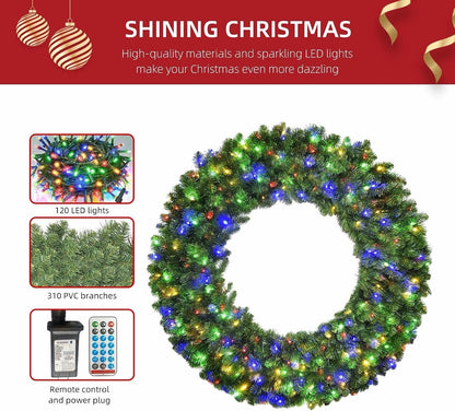Christmas Wreath Pre Lit LED 36 Inch 120 Multicolour Lights Outdoor Door Timer