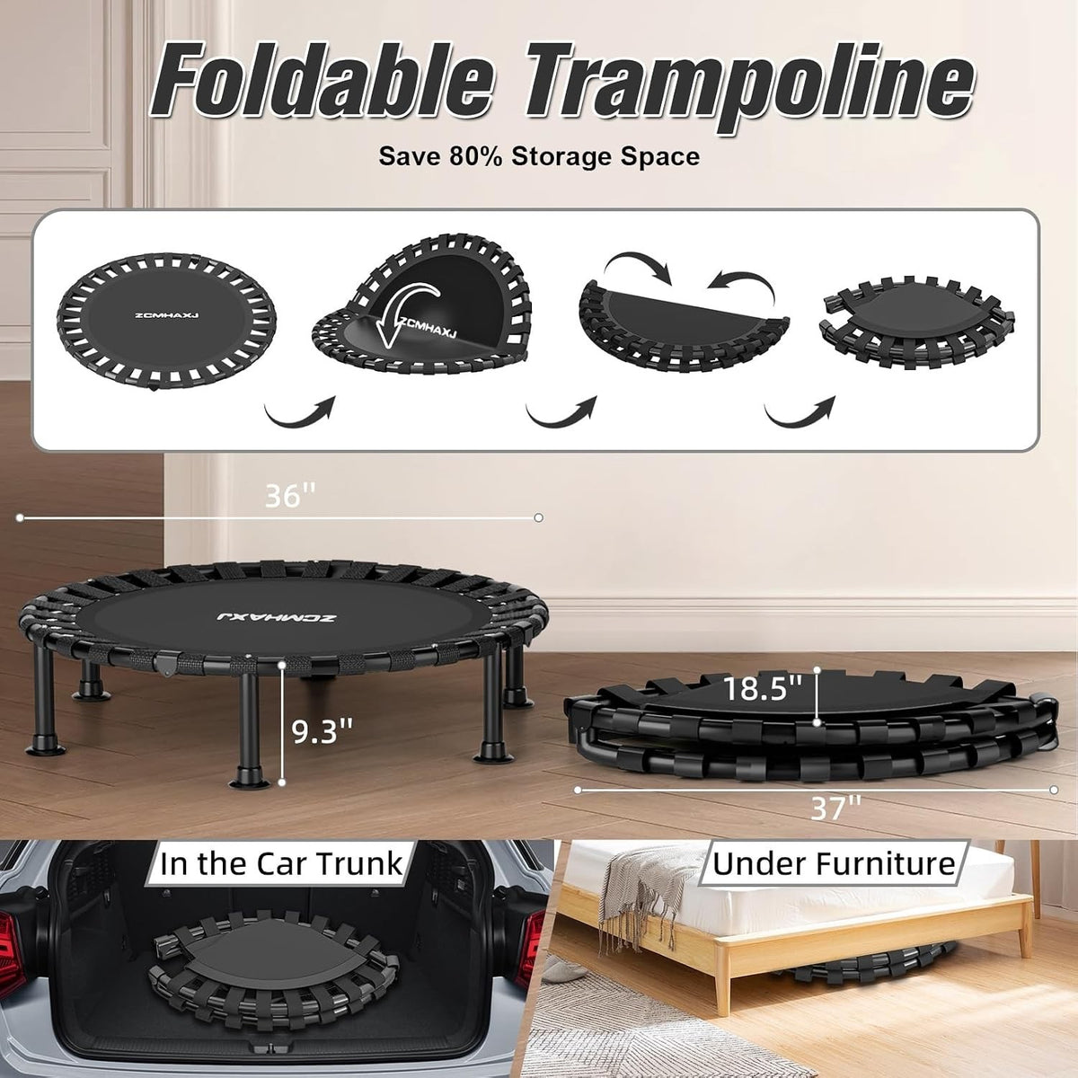 Mini Trampoline Rebounder Fitness 40 Inch Foldable Indoor Exercise Bungee Black