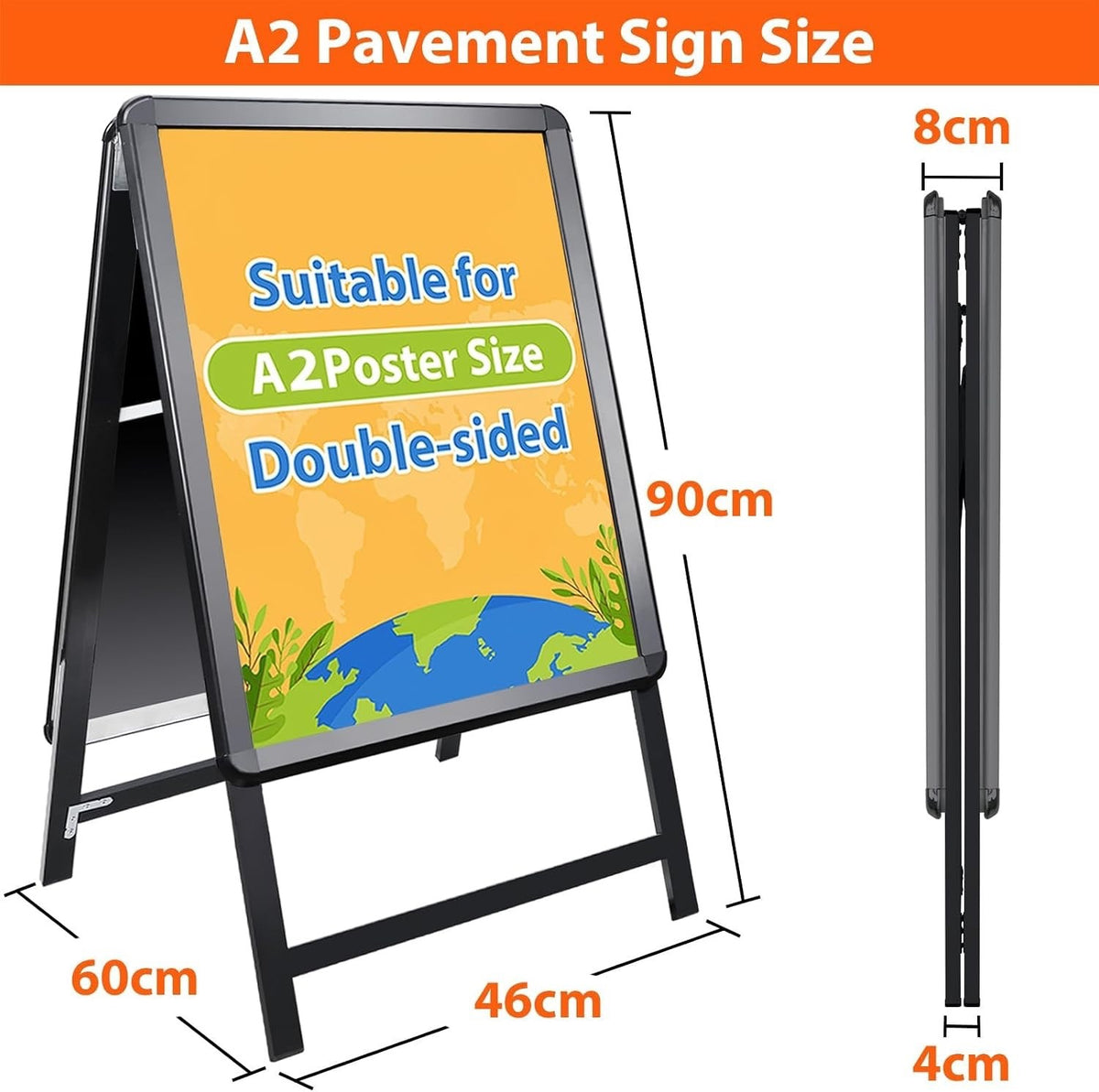 A2 A-Board Pavement Sign Black Double Sided Aluminium Poster Display Stand