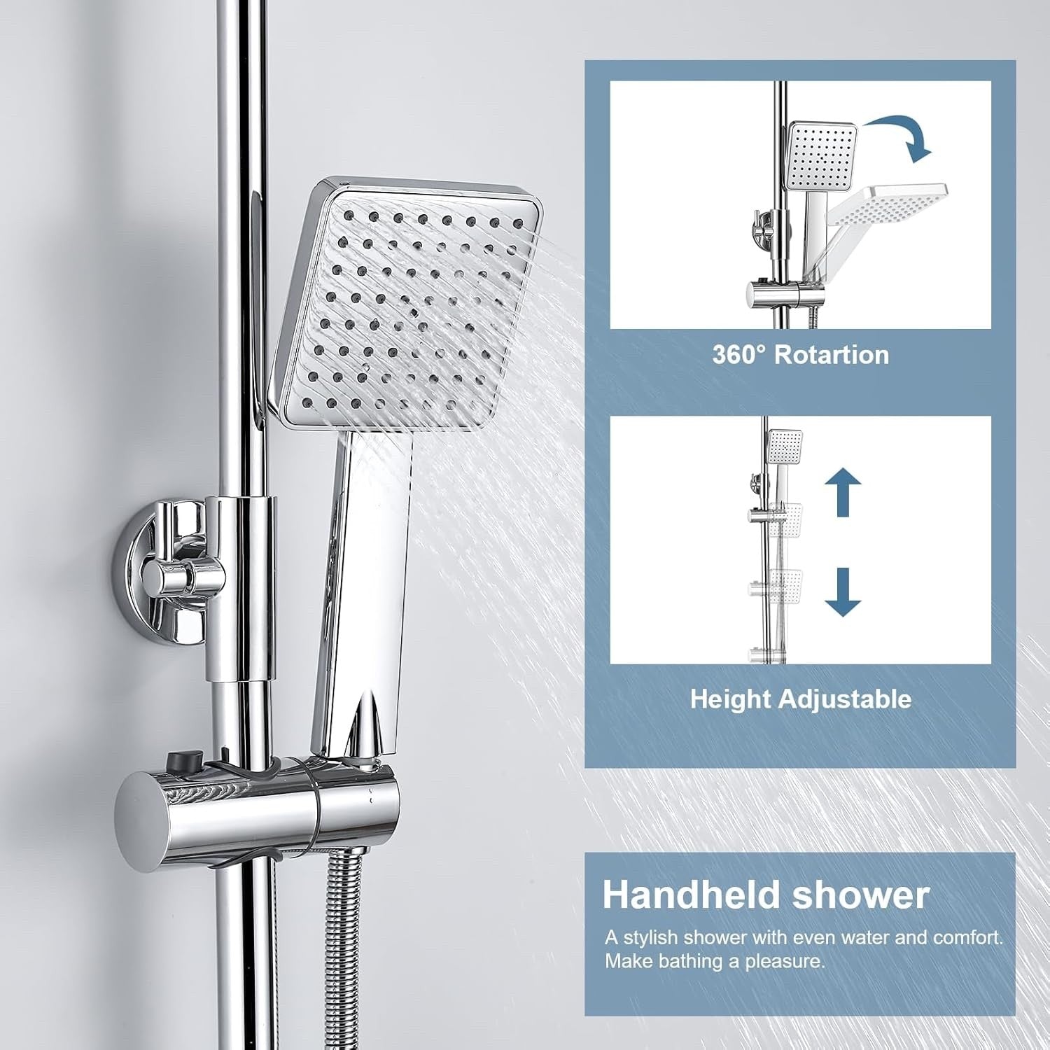 Shower Riser Rail Kit Rainfall Head Handheld Chrome Bathroom Mixer Set Hose