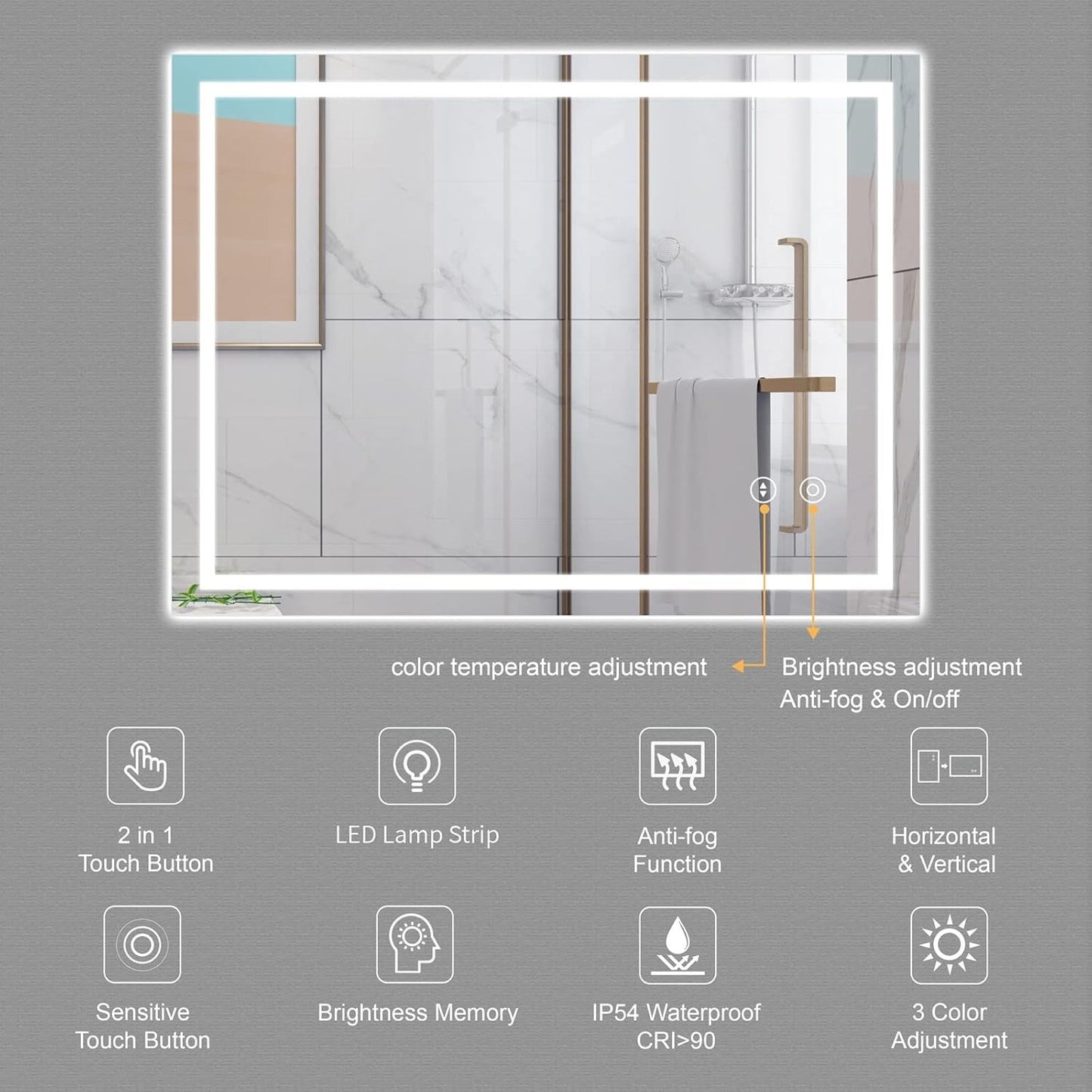 LED Bathroom Mirror 500x700mm Backlit Dimmable 3 Colour Demister Wall Mount
