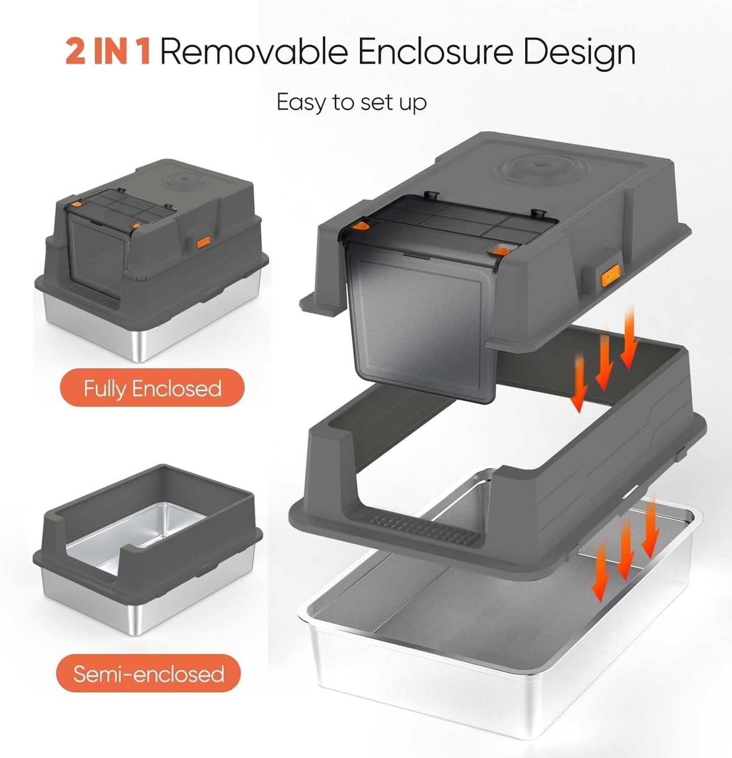 XXXL Stainless Steel Cat Litter Box Enclosed Tray Lid Scoop Mat Odor Control