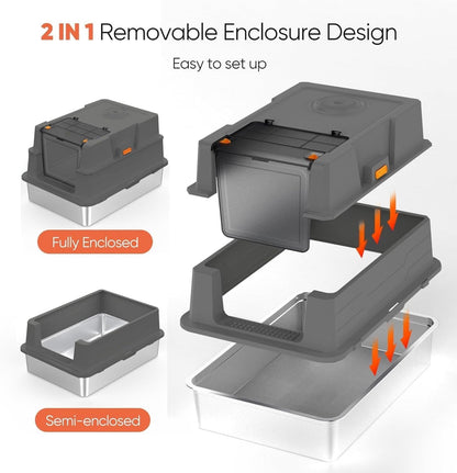 XXXL Stainless Steel Cat Litter Box Enclosed Tray Lid Scoop Mat Odor Control