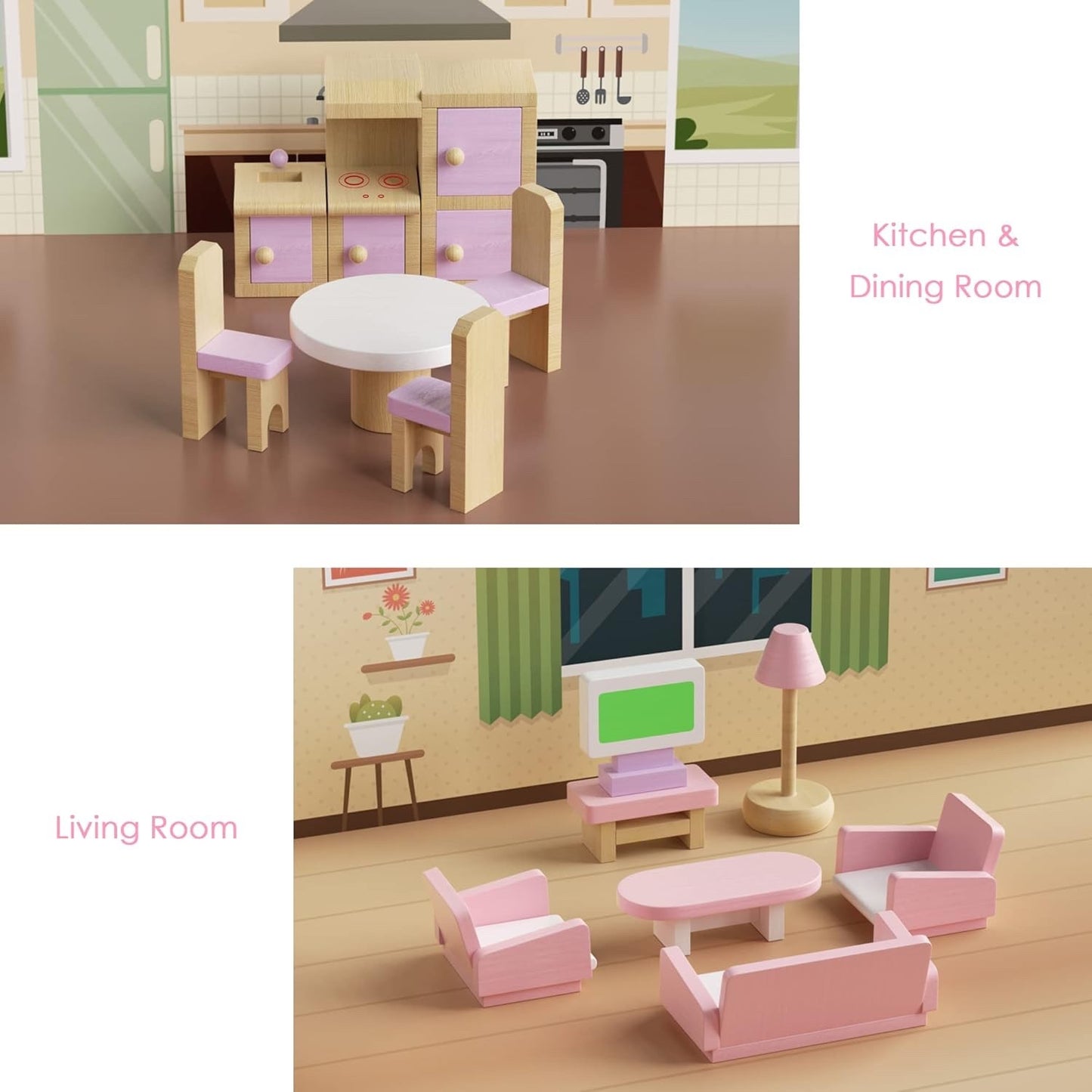 Dollhouse Furniture Set Wooden 22pcs 5 Room Miniature 1:12 Kids Toy Pink