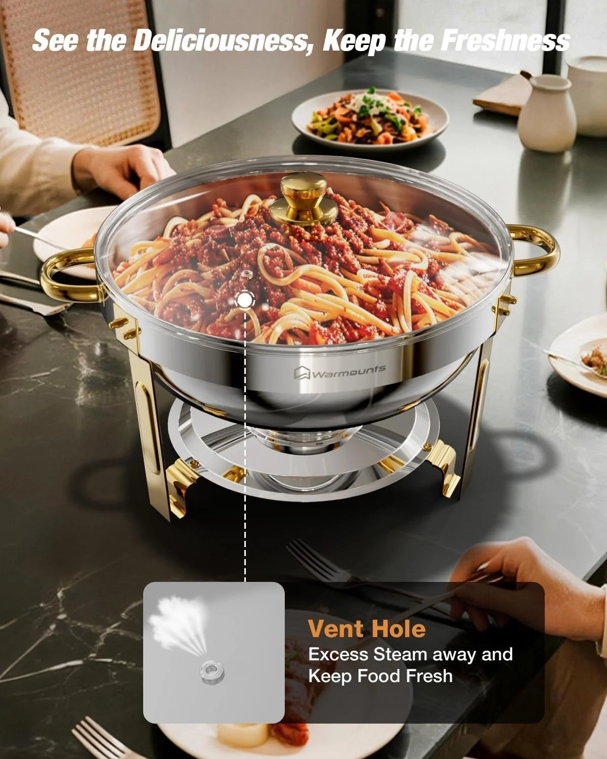 Chafing Dish Buffet Warmer 2 Pack 5L Round Stainless Steel Glass Lid Gold Set