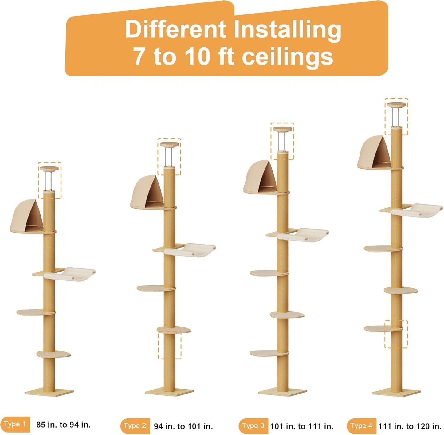 Cat Tree Floor Ceiling 6 Level Adjustable Climbing Scratching Beige AT11-1