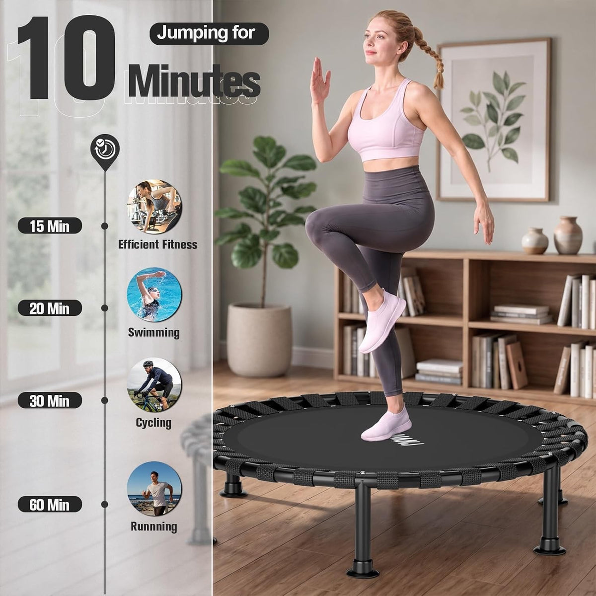 Mini Trampoline Rebounder Fitness 40 Inch Foldable Indoor Exercise Bungee Black