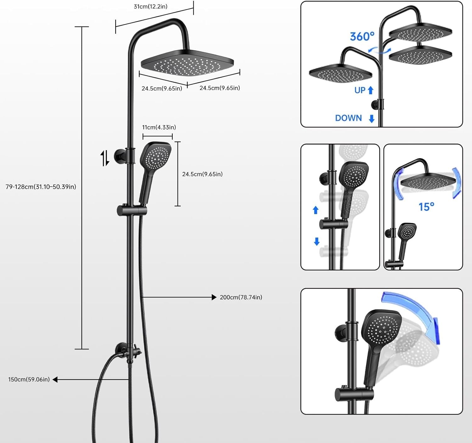 Shower Riser Rail Kit Black 25cm Rainfall Head Handheld Brass Diverter Tap Set