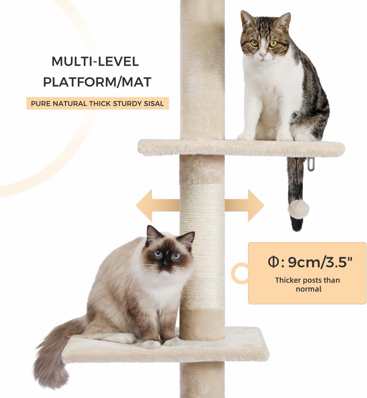 Cat Tree Tower Scratching Post Floor Ceiling 5 Tier Adjustable 243-273cm Beige