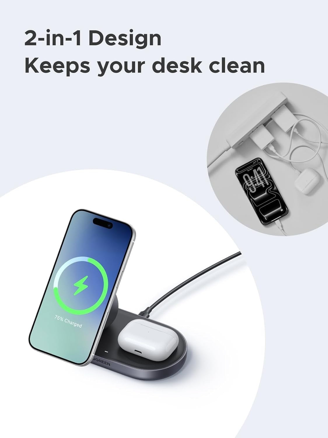 Qi2 Magnetic Wireless Charger Stand 15W 2-in-1 iPhone AirPods USB-C Grey Dock