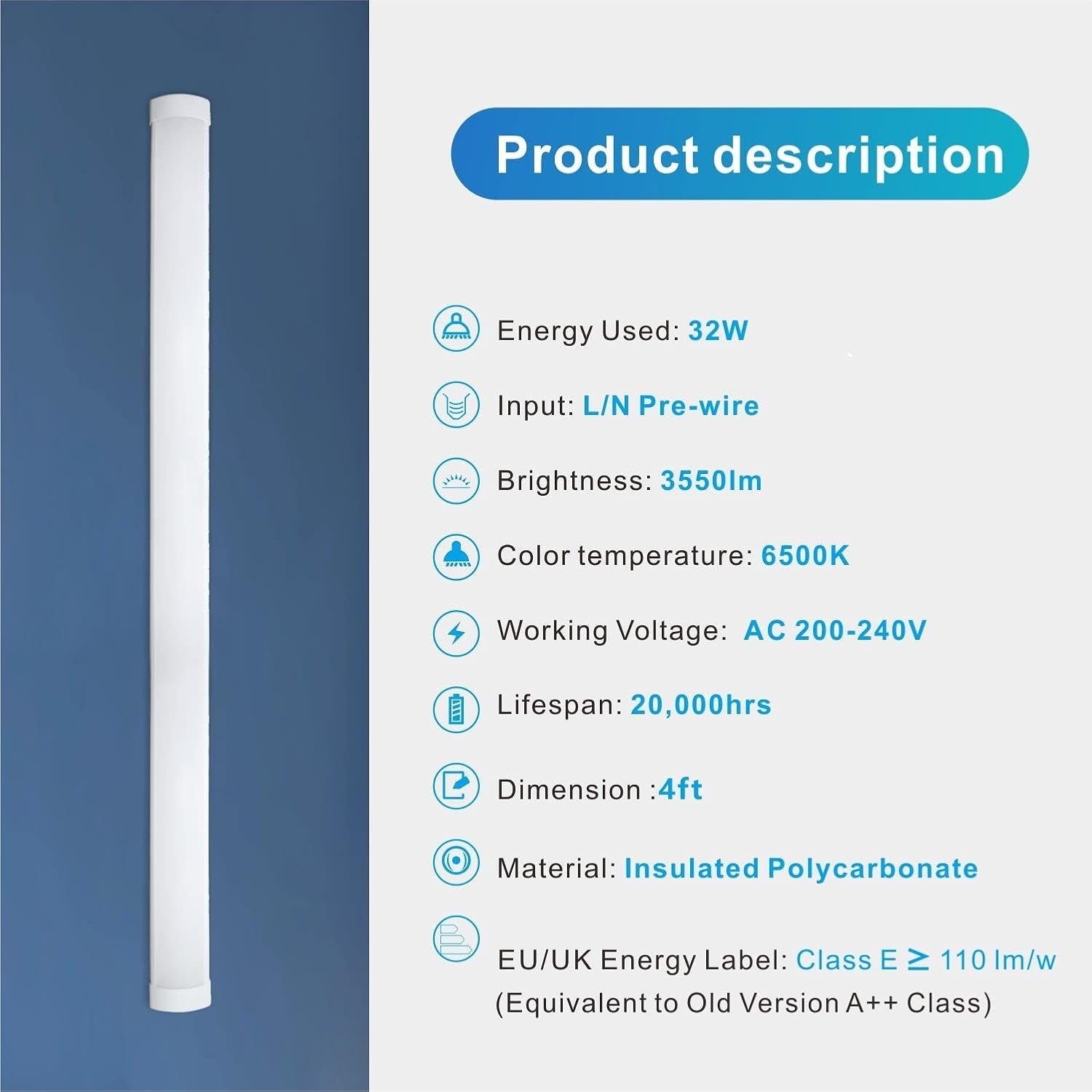 4ft LED Batten Light 32W 3550lm 6500K Slim Ceiling Tube Lamp 2 Pack