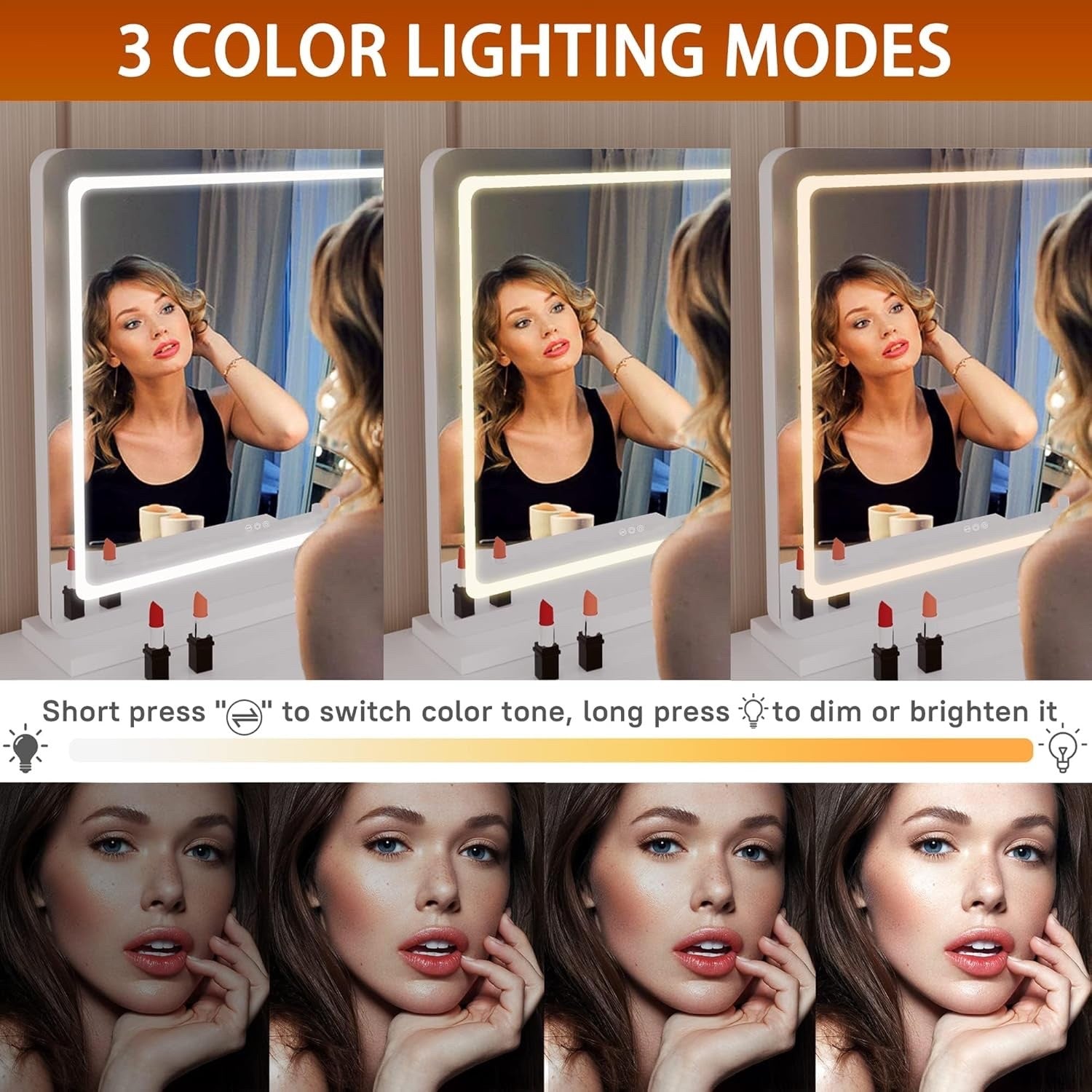 LED Vanity Makeup Mirror 100x75cm Lighted Dimmable 3 Color Touch Control