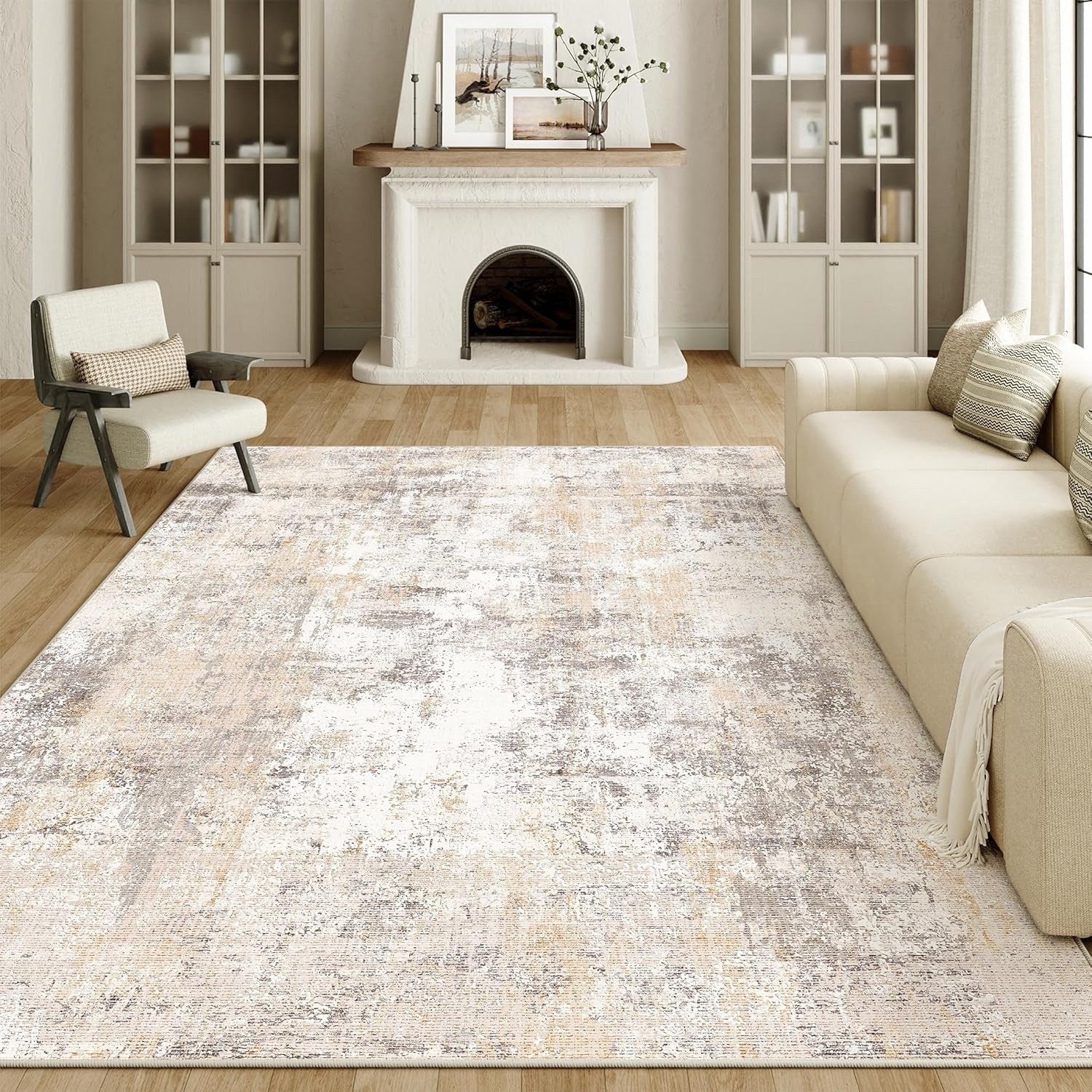 Large Washable Area Rug 200x300cm Non Slip Beige Grey Abstract Living Room Mat