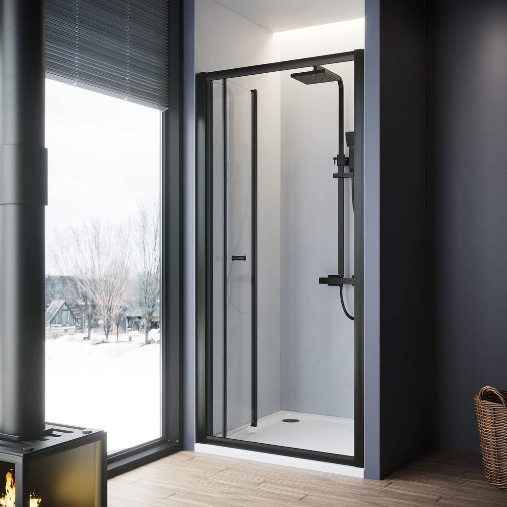 ELEGANT 860mm Black Bi Fold Shower Enclosure Inwards Opening