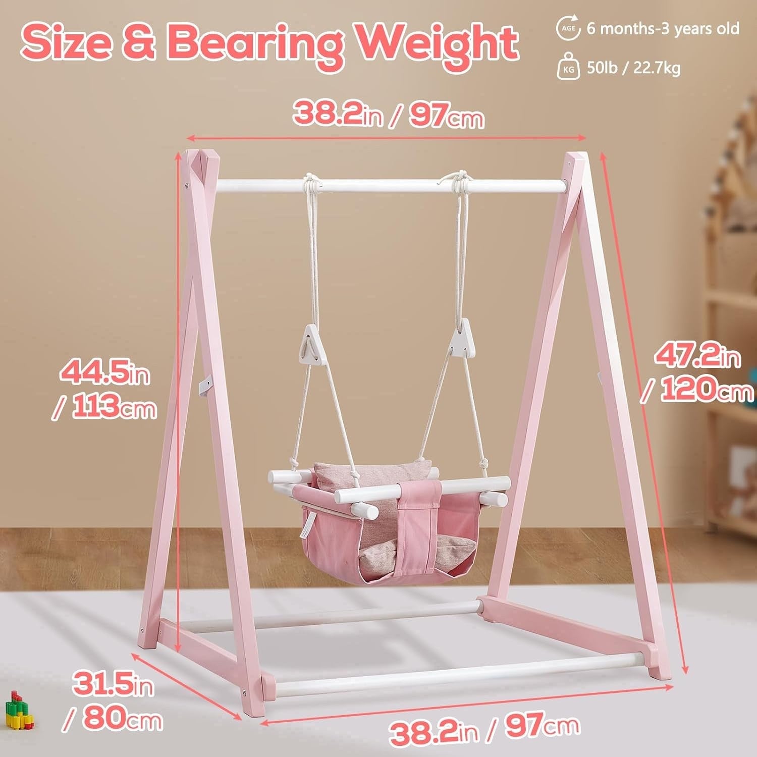 FUNLIO Wooden Toddler Swing Set Foldable Indoor Outdoor Baby 6-36M Pink Backyard