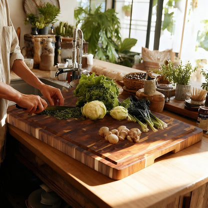 Large Acacia Cutting Board 22x16in End Grain Butcher Block Juice Groove Handle