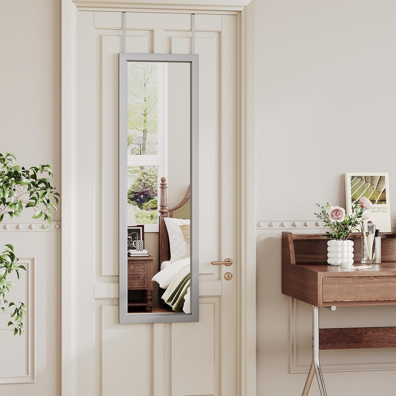 Over Door Full Length Mirror 110x45cm Wall Mounted Silver Frame Bedroom