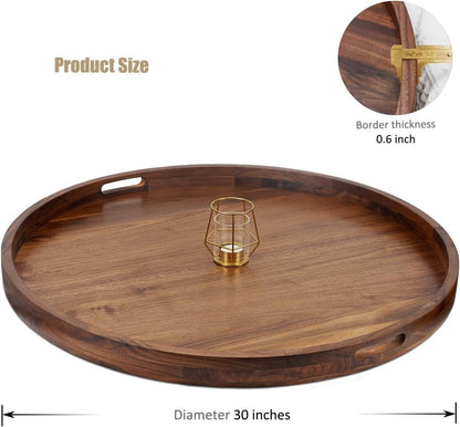 30in Extra Large Round Walnut Wood Ottoman Tray w Handles Serving Tea Coffee
