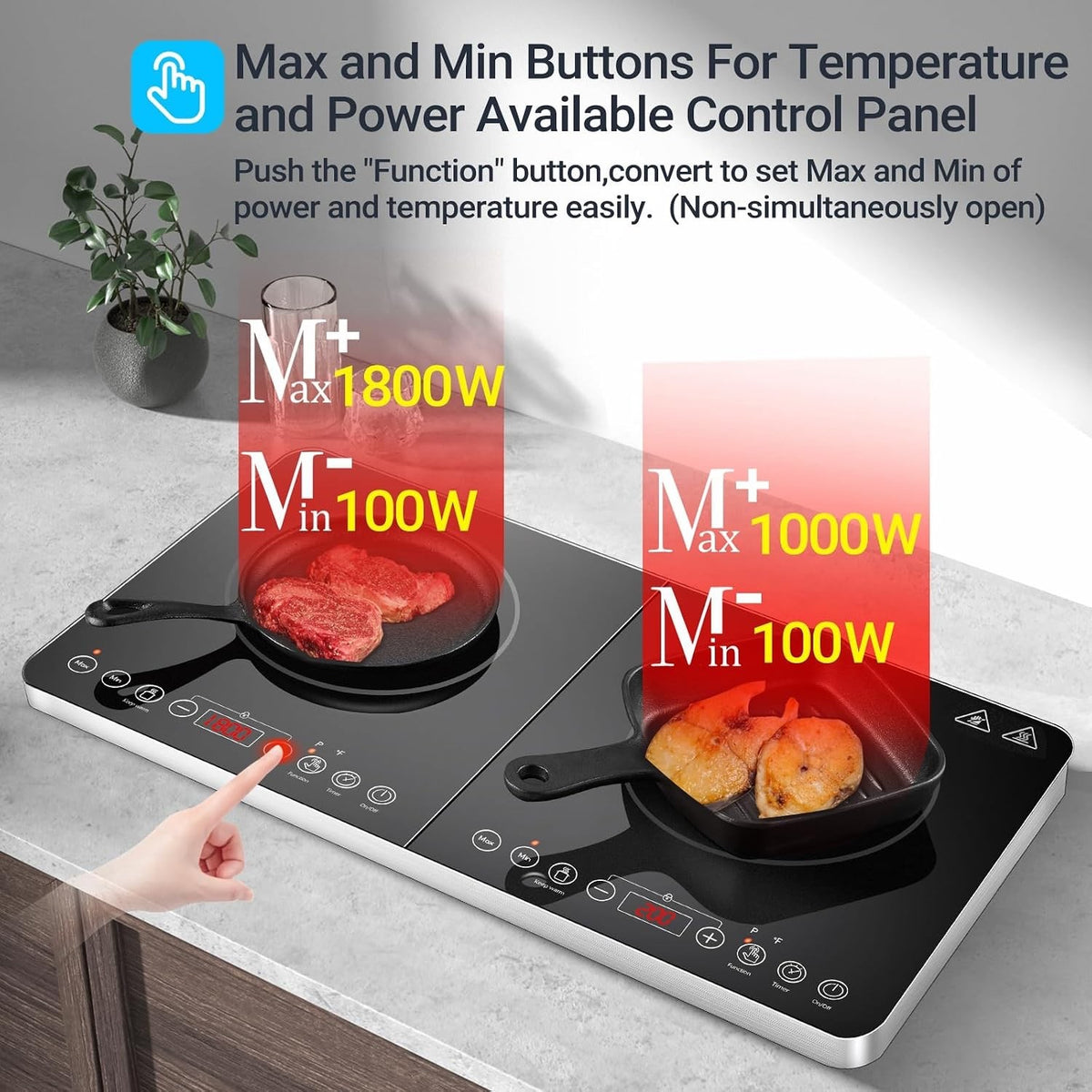 AOBOSI Double Induction Hob 2800W Portable 2 Ring Cooker Touch Control Timer