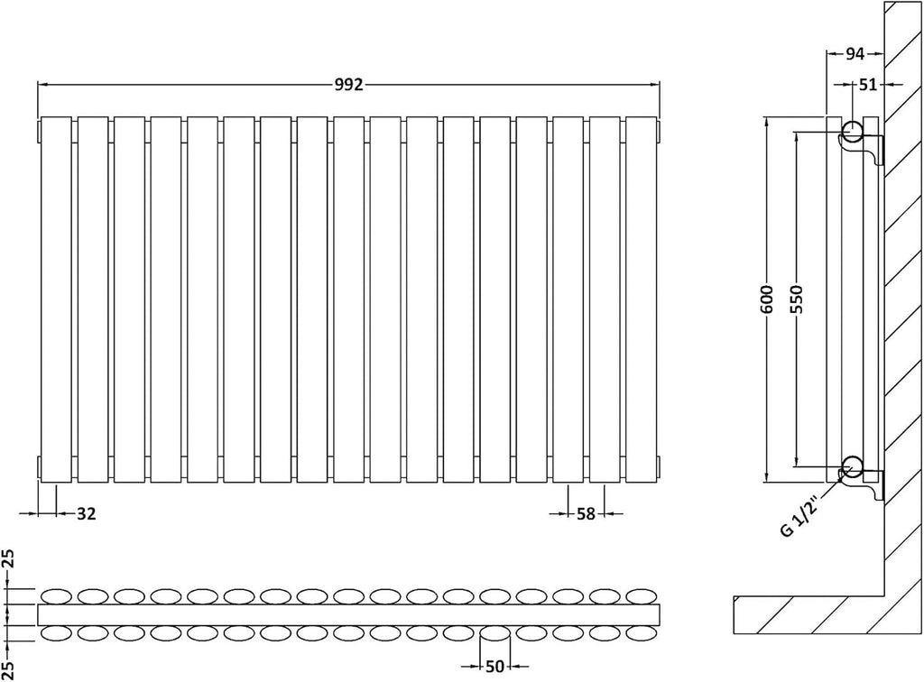 Nuie HL339D Revive Modern Home Wall Mount Horizontal Double Panel 600x992x78mm