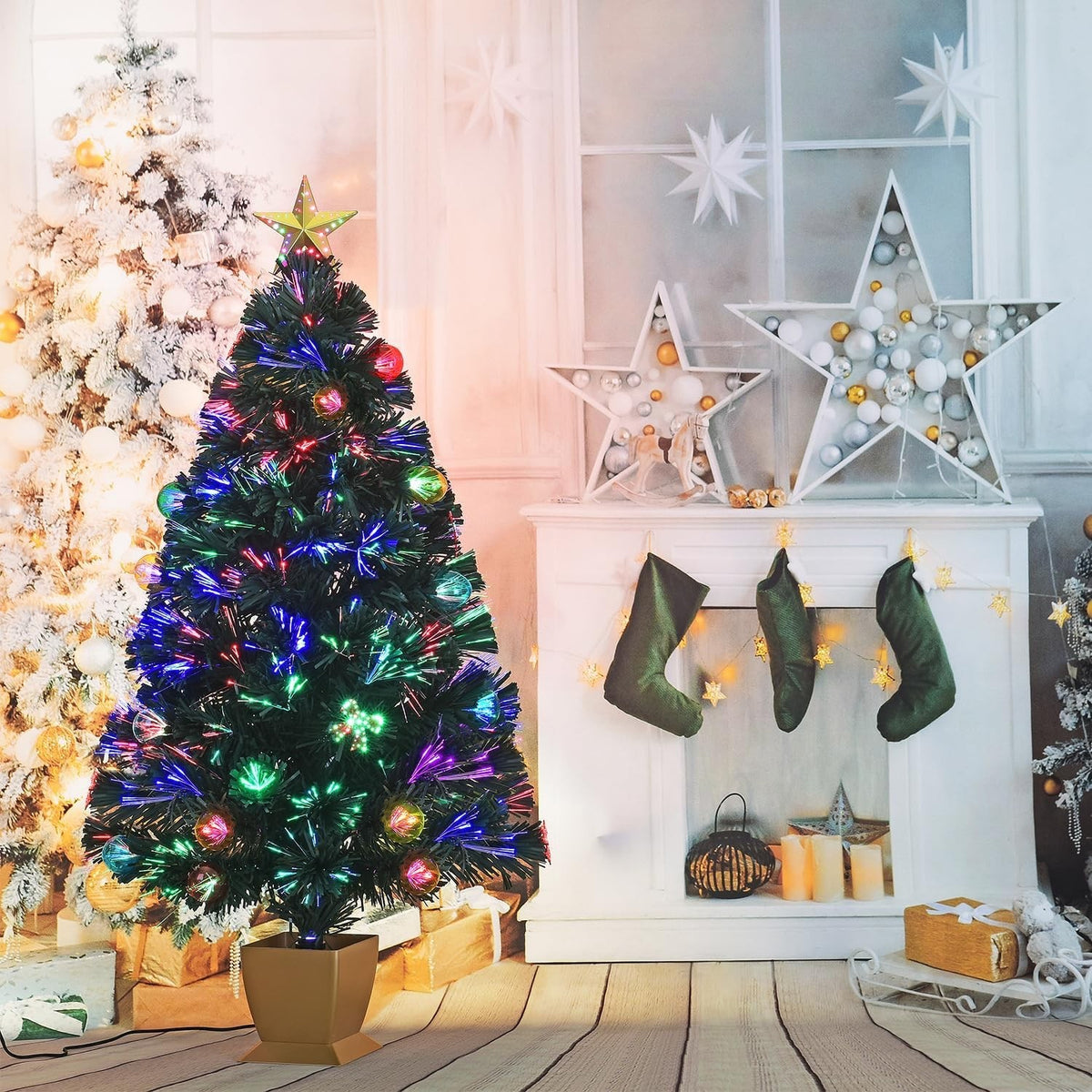 3FT Fiber Optic Christmas Tree Mini Prelit Tabletop Tree LED Star Decor Green