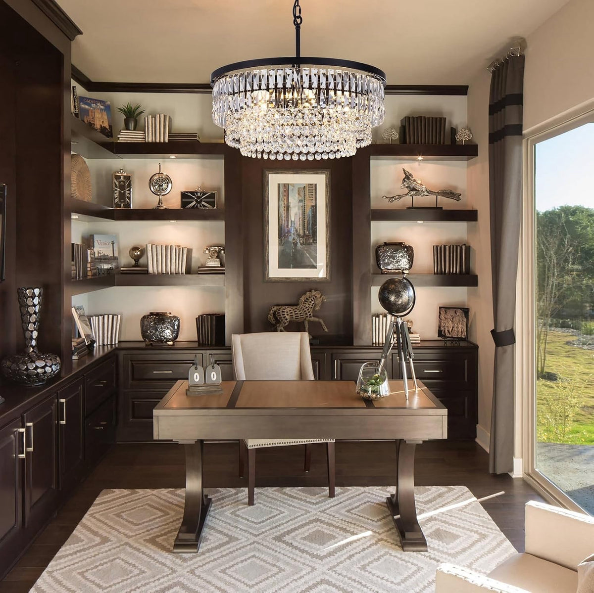 Crystal Chandelier Ceiling Light 6 Bulb Black 51cm Round Dining Room Pendant