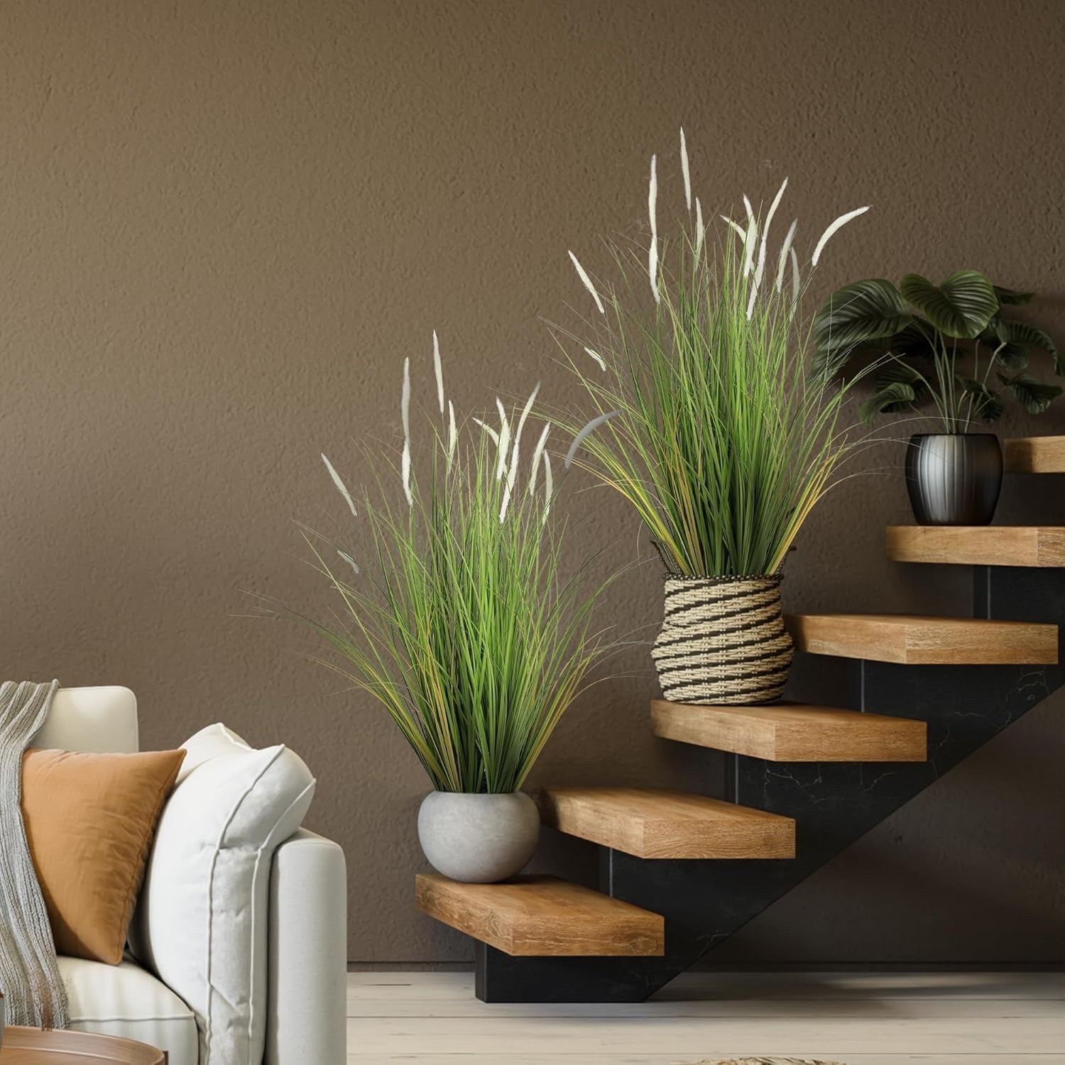 3ft Artificial White Foxtail Grass Plants 2 Pack Faux Potted Indoor Decor