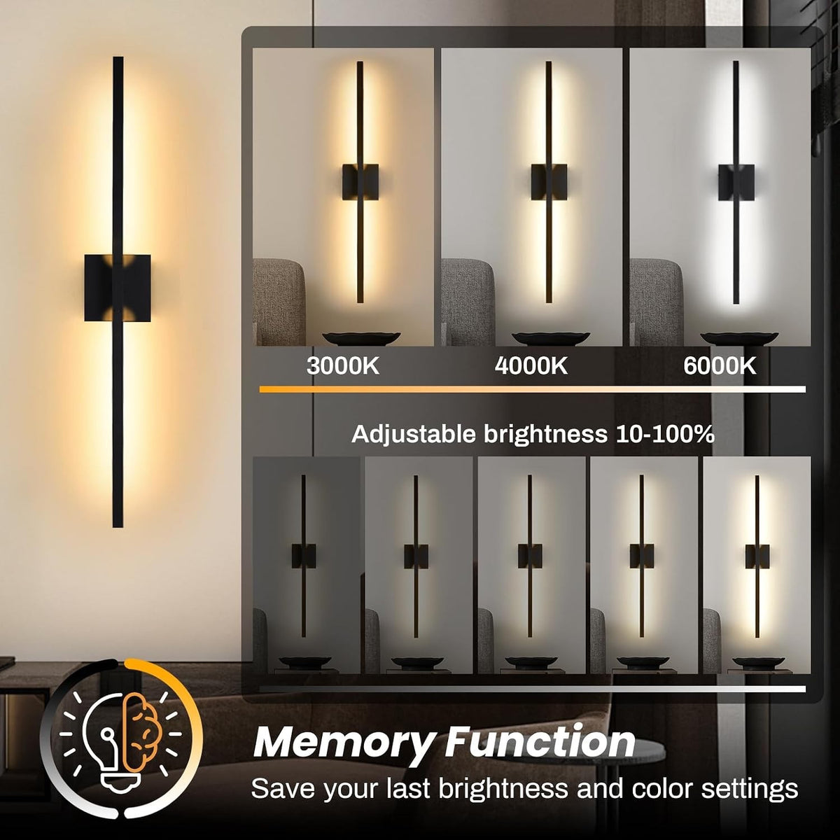 Rechargeable Wall Light Sconce Wireless 60cm Black 10000mAh Remote 360° Dimmable