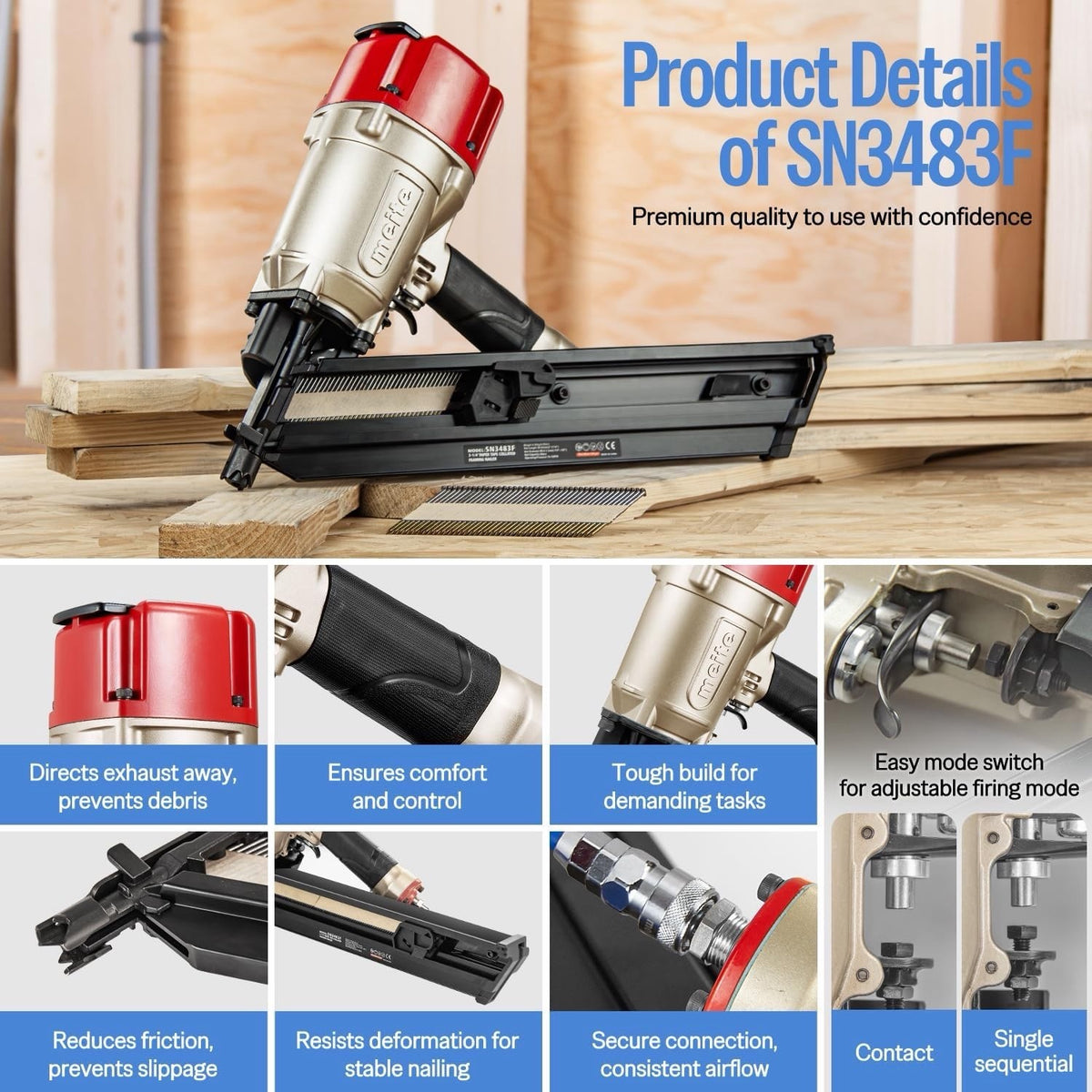 Framing Nail Gun Pneumatic 34 Degree 50-83mm Meite SN3483F Angled Air Nailer