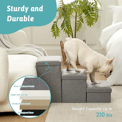 Dog Stairs Pet Steps Foldable Storage Ramp Grey Leakproof Sofa 4 Step 38.1x17x22