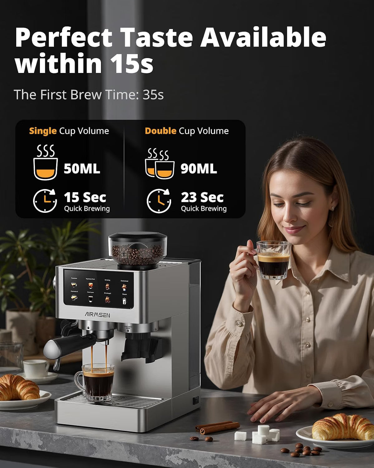 Bean To Cup Coffee Machine 20 Bar Grinder Milk Frother Touchscreen 1.8L 1350W
