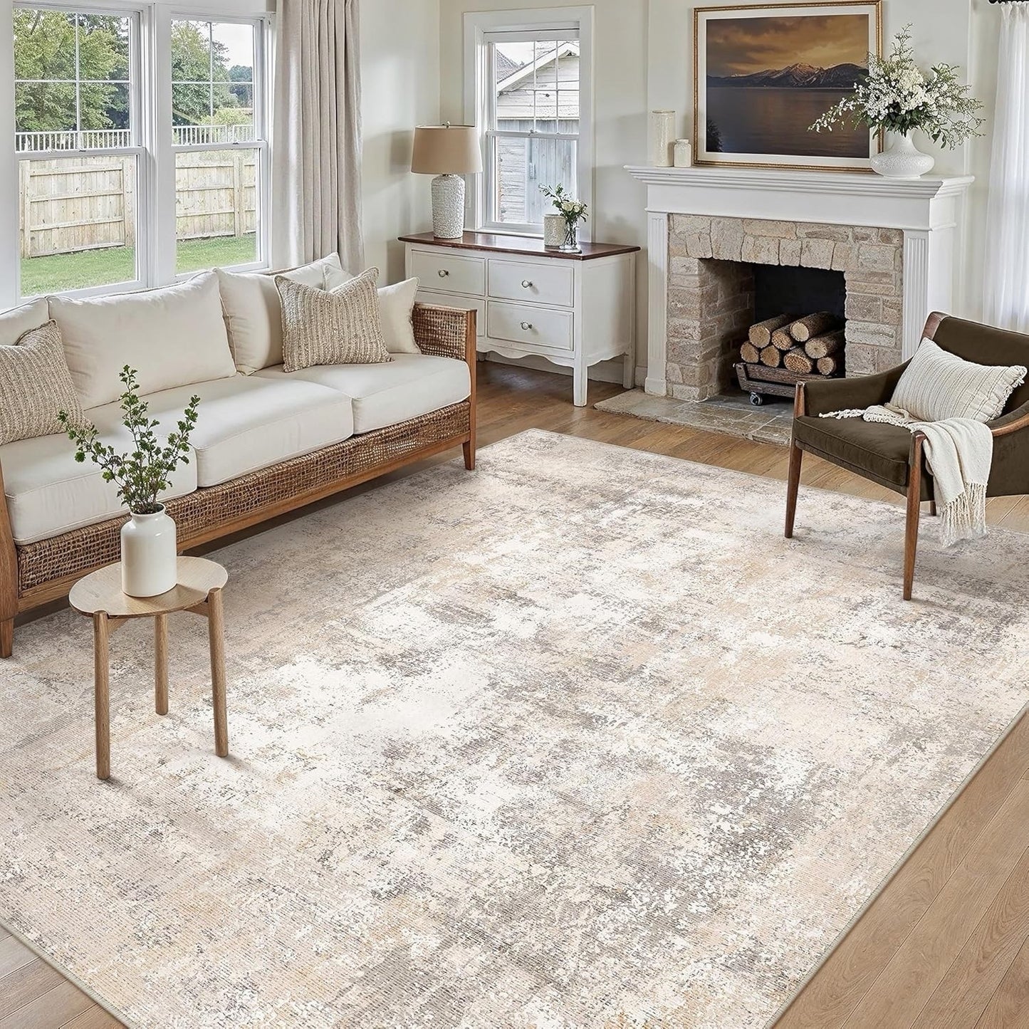 Large Washable Area Rug 200x300cm Non Slip Beige Grey Abstract Living Room Mat