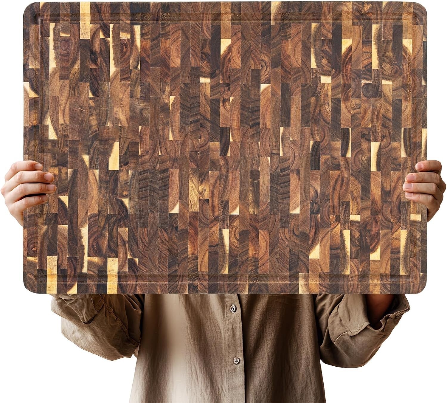 Large Acacia Cutting Board 22x16in End Grain Butcher Block Juice Groove Handle