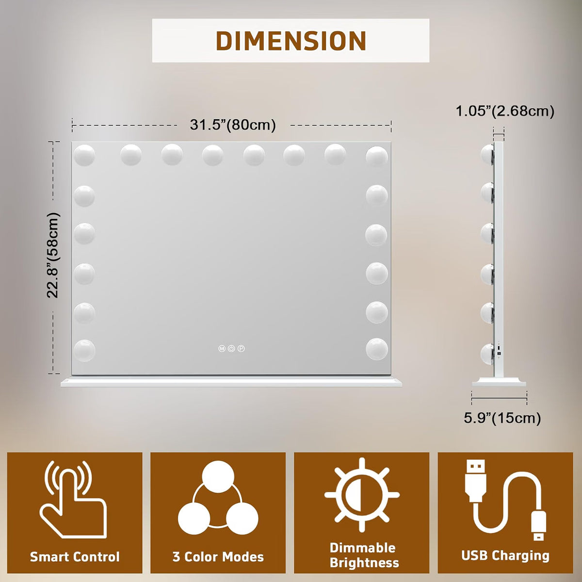 Hollywood Makeup Vanity Mirror 80x58cm 18 LED Bulbs USB Three Colour Lights 10X