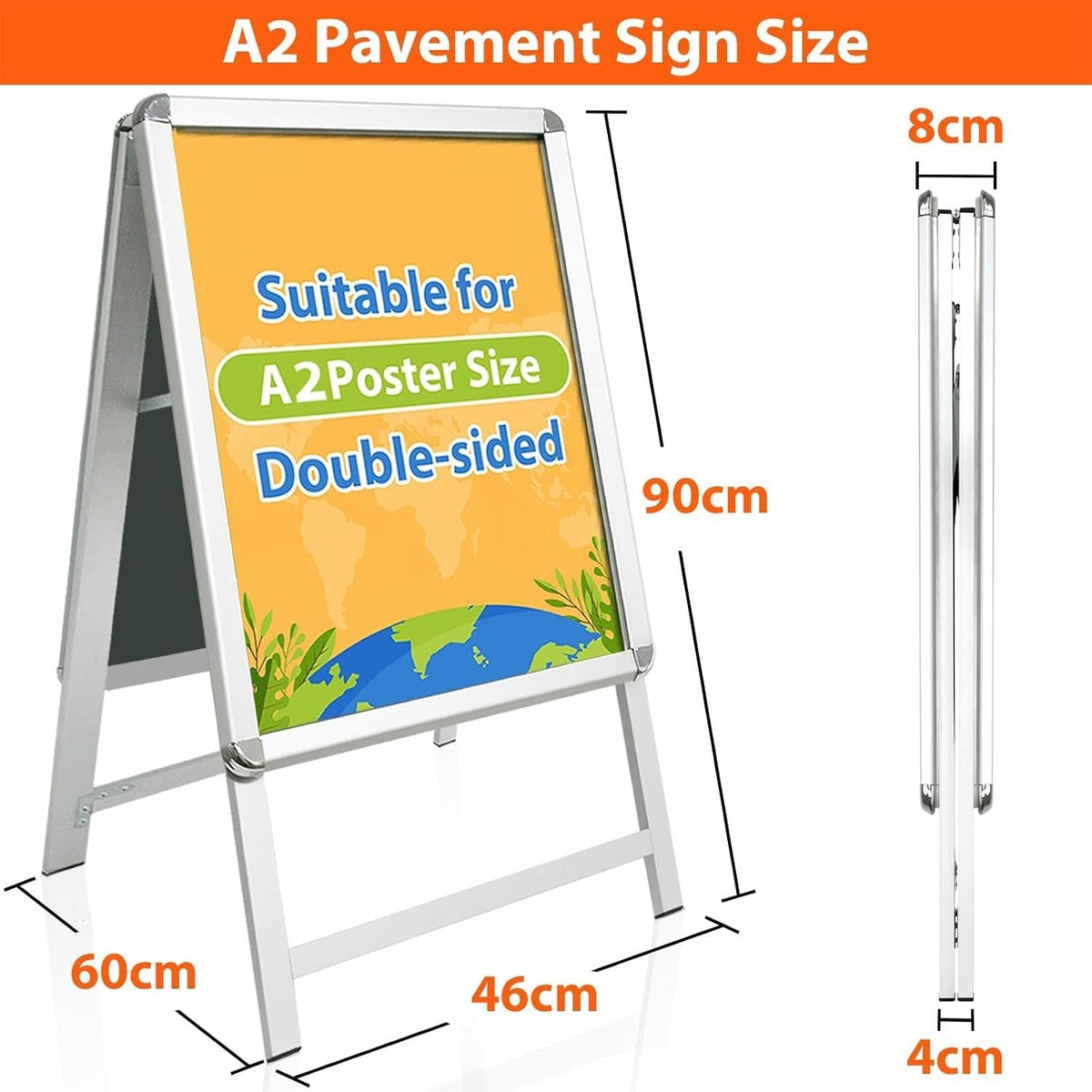 A2 Pavement Sign Board Double Sided A Frame Poster Display Silver Aluminium