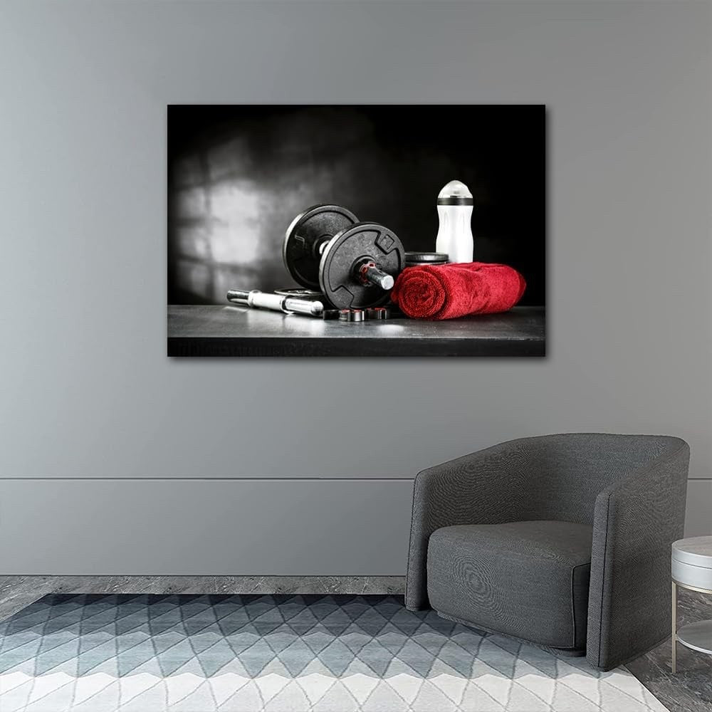 Gym Wall Art Canvas Dumbbells Fitness Print Framed 36x24in Black Workout Decor